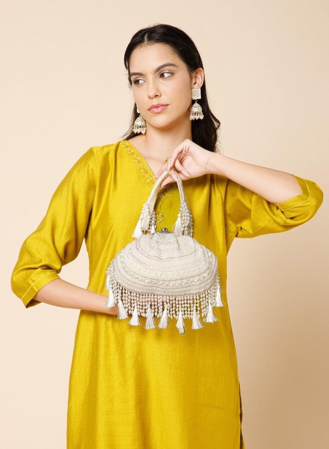 Anekaant Dewdrop Fringe Ivory Embellished Velvet Clutch For Women | Ideal for Weddings & Festive Occasions - Image 2